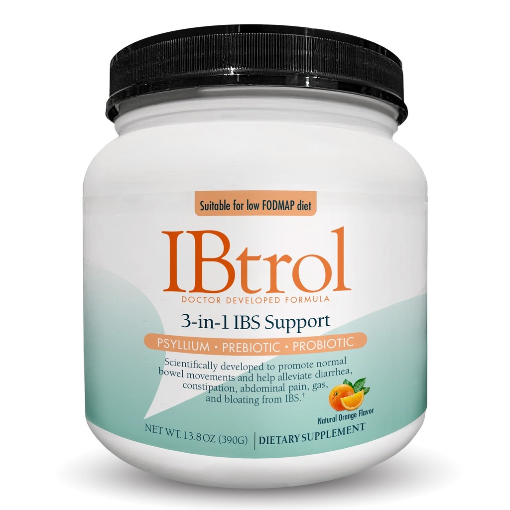 IBtrol® 3–in–1 IBS Gut veselības papildinājums ar Psilliju, prebiotiku un probiotikām, IBS simptomu, gāzu, uzpūšanās, caureja, aizcietējums, sāpes vēderā 60 Servējumi (Natural Orange Flavor)