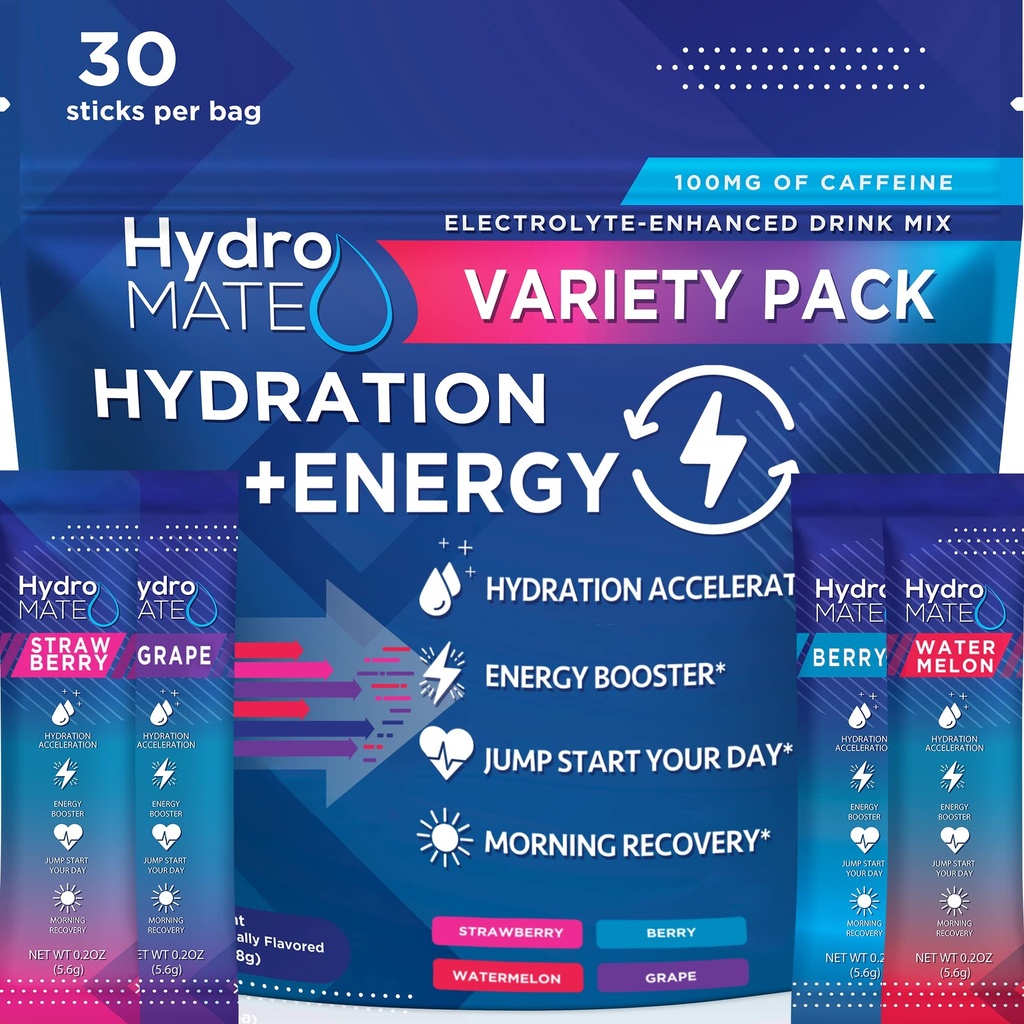 HidroMATE Elektrolītu pulveris dzēriens Mix Packets Hidratācija Paātrināšanas Paātrinājums Zems cukura puse Priekšrocības ātrai atgūšanai Vitamīns C plus kofeīns Variety Pack - 30 Skaits