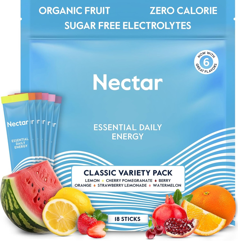 Nectāra enerģijas pastiprinātājs - Organic kofeīns, B12 & Elektrolīti - bez cukura un nulle Calorie – Veselīga kafija, enerģijas dzēriens un soda alternatīva – hidratācija un enerģijas papildinājums (Varieta 18 pulvera paketes)