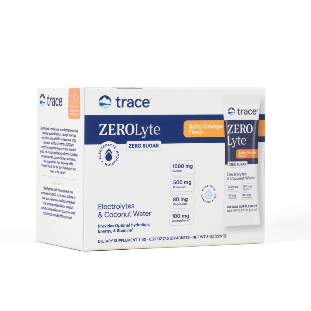 Trace Minerals ZeroLyte - Nātrija un Elektrolītu Papildināšana - Enerģija un hidratācija Atbalsta Dzēriens Pulveris - Nerve & Muskuļu Funkcija Atbalsts - Sāls Orange, 30 Paketes (30 Servē)
