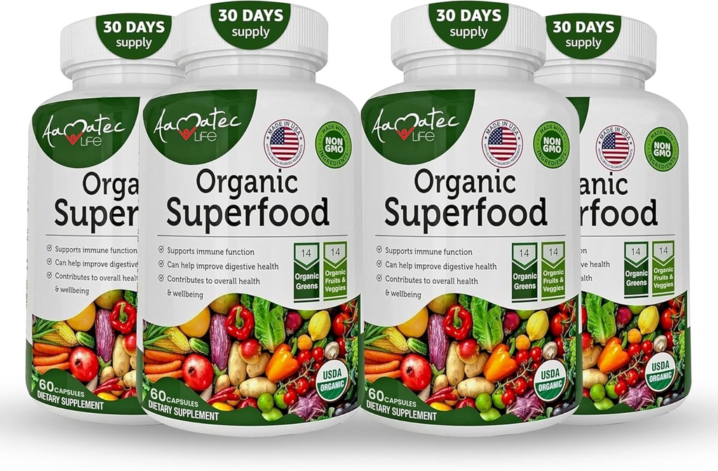 Organic Superfood Greens Fruits and Veggies Complex - Labākais uztura bagātinātājs ar 14 Zaļajiem un 14 Augļi un dārzeņi ar Alfalfa un antioksidants Organiskās sastāvdaļas Ne-GMO 240 Kapsulas