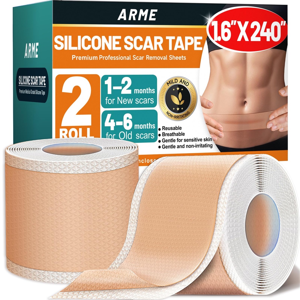 Arme Silicone Scar Tape, Silicone Scar Sheets (2 Rolls- 1.6" x 240"/6M) | Medical Grade Scar Tape Removal Sheets for Surgical Scars, Reusable Scar Removal Strips for Tummy Tuck C-Section Keloid