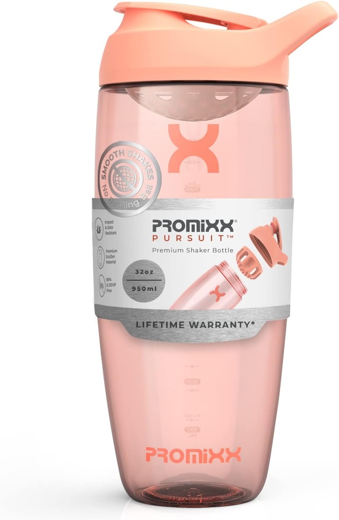 Promixx Pursuit Protein Shaker Pudele (32 oz) – Silent No-Ball Mixer, Leak-Proof Lid, BPA/BPS & Ftalate-free ECOZEN – viegli tīrs kratītājs Cup olbaltumvielu sakratīt, Pre & Post-workout Gludumi