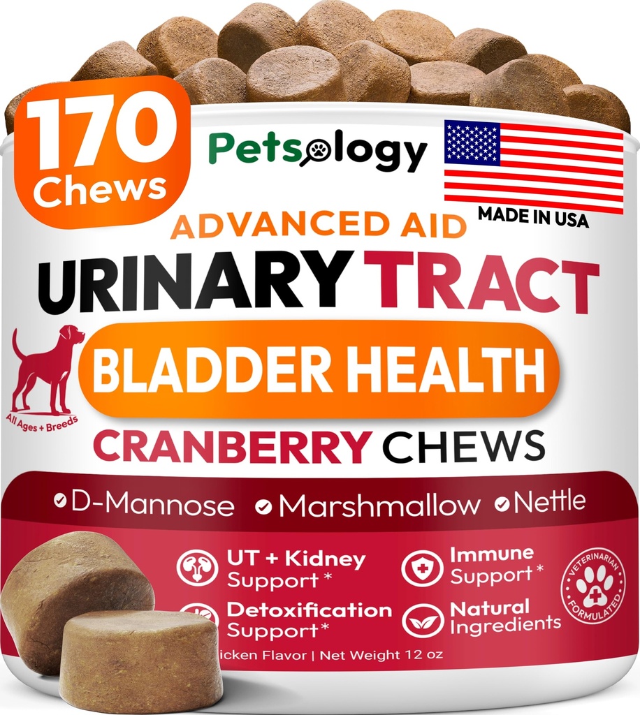 Dog UTI Treatment - 170 Cranberry Chews for Dogs - Urinary Tract Infection, Bladder & Kidney Health Multivitamin - Cranberry Supplement for Dogs with D-Mannose - Dog Vitamins and Supplements