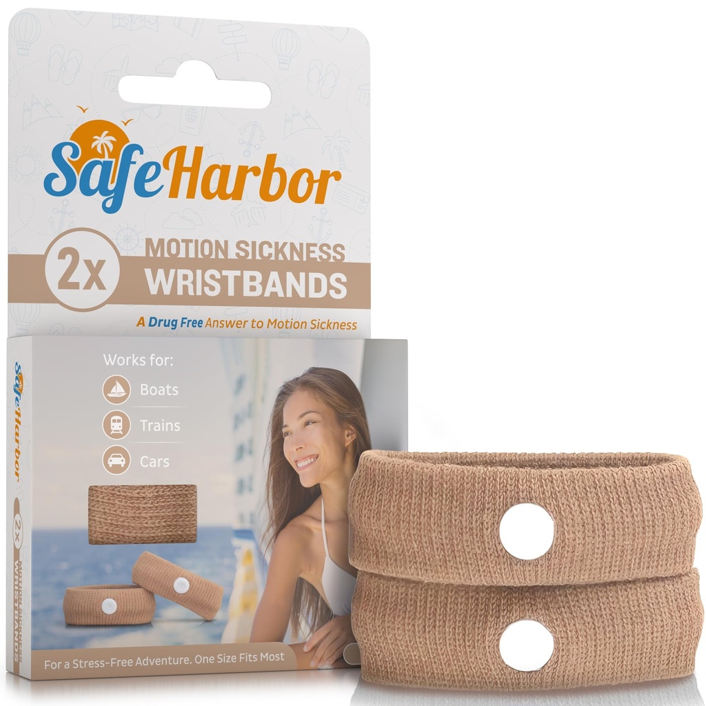 SafeHarbor Skin-Tone Motion Sickness Wristbands (One Pair) | Acupressure Anti Nausea Wristbands for Cruise & Travel | Natural Sea Sickness and Morning Sickness Relief (Sand)