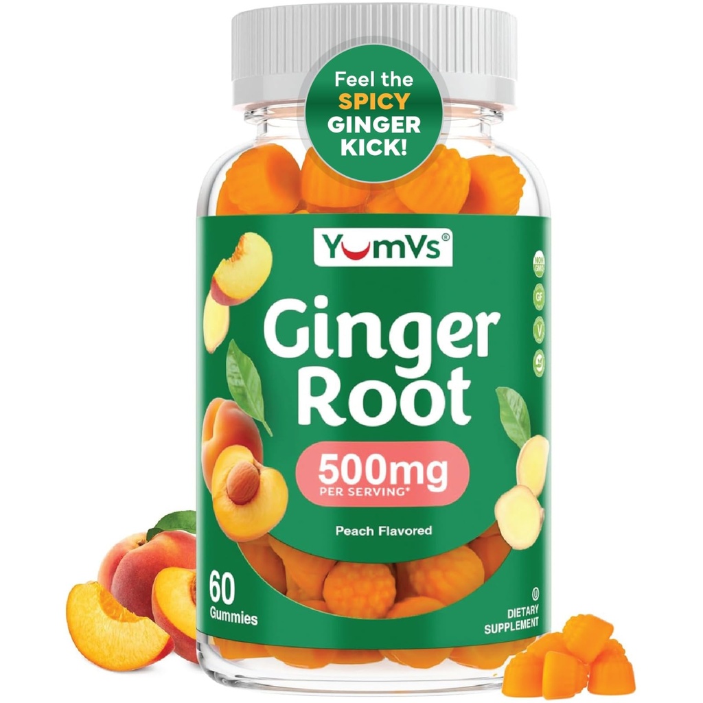 YUM-V'S Ginger Gummies, 500 mg Ginger Root Extract, Peach Flavor, Nausea Relief, Digestion & Immune Support, Vegan, Non-GMO, Gelatin-Free (60 Count)