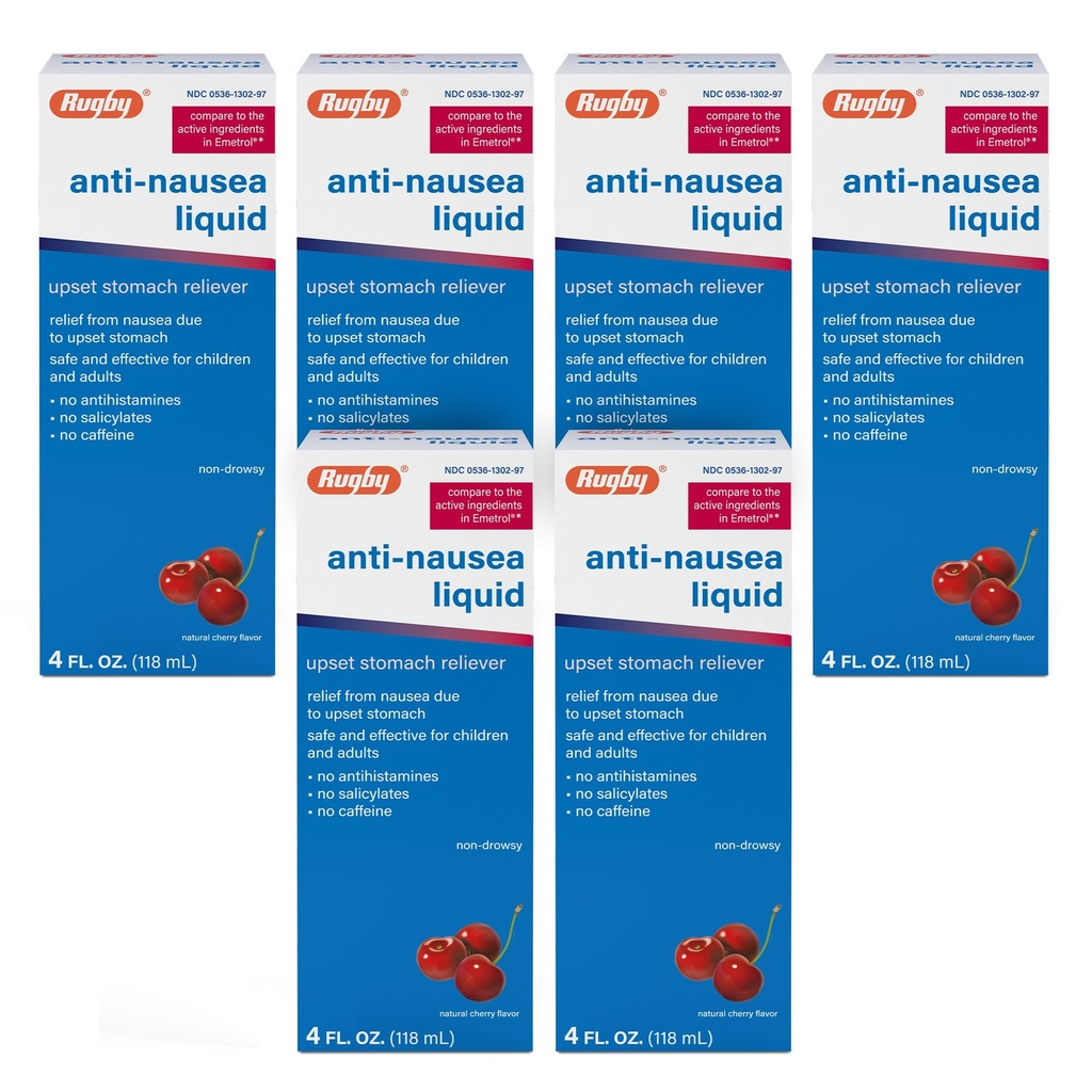 Rugby Anti-Nausea Liquid, Upset Stomach Reliever, 4 Fl Oz (6-Pack) | Non-Drowsy, Supports Relief of Upset Stomach Associated to Nausea, Natural Cherry Flavor, For Adults and Kids