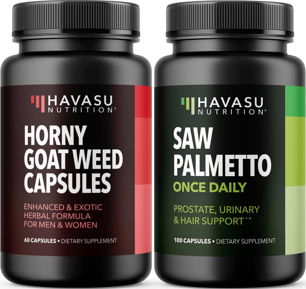 HAVASU NUTRITION Horny Kazas nezāļu kapsulas (30 Servē) un Zāģa Palmetto kapsulas (100 Servē)