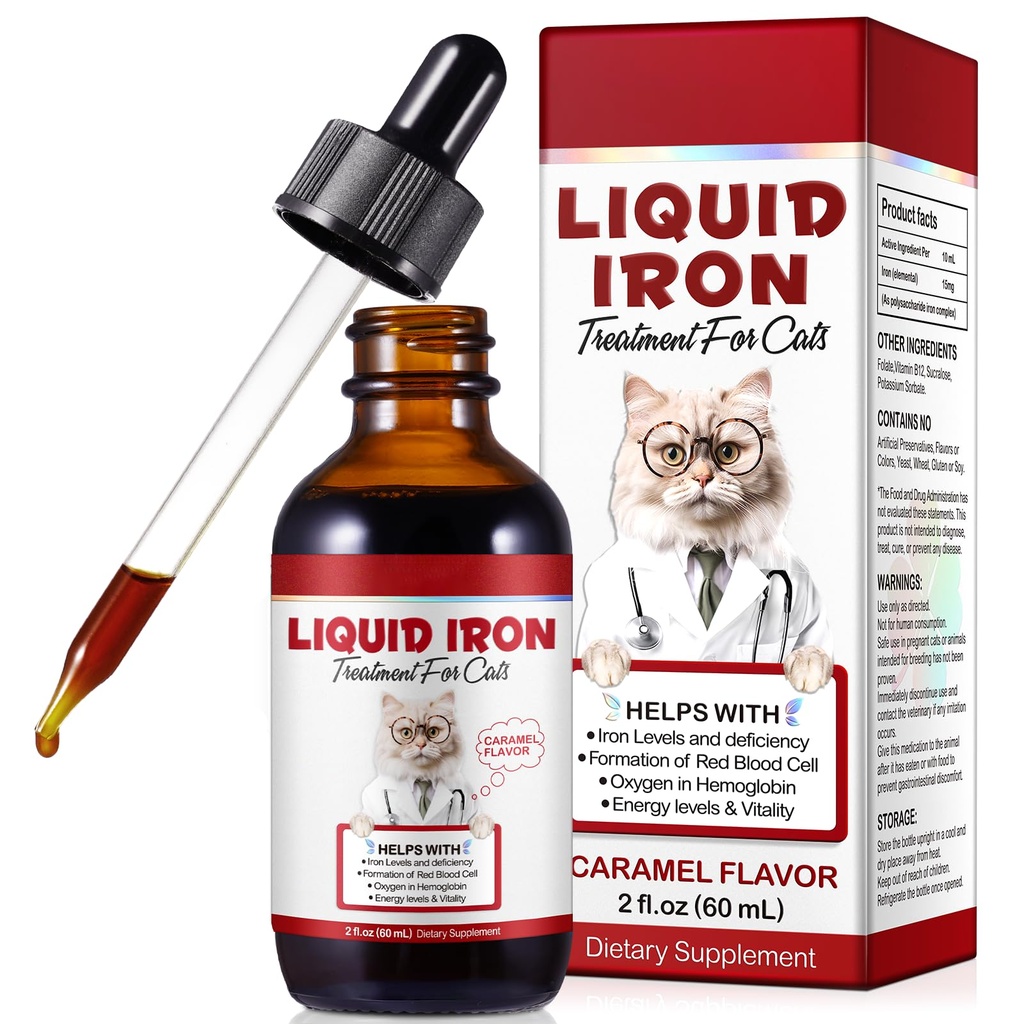 Iron Supplements for Cats, Liquid Iron for Cats, Liquid Iron Drops with Folate and B12 Supports Anemia, Low Enery Levels and Lethargy, Improve Energy Levels & Vitality, Cat Supplement