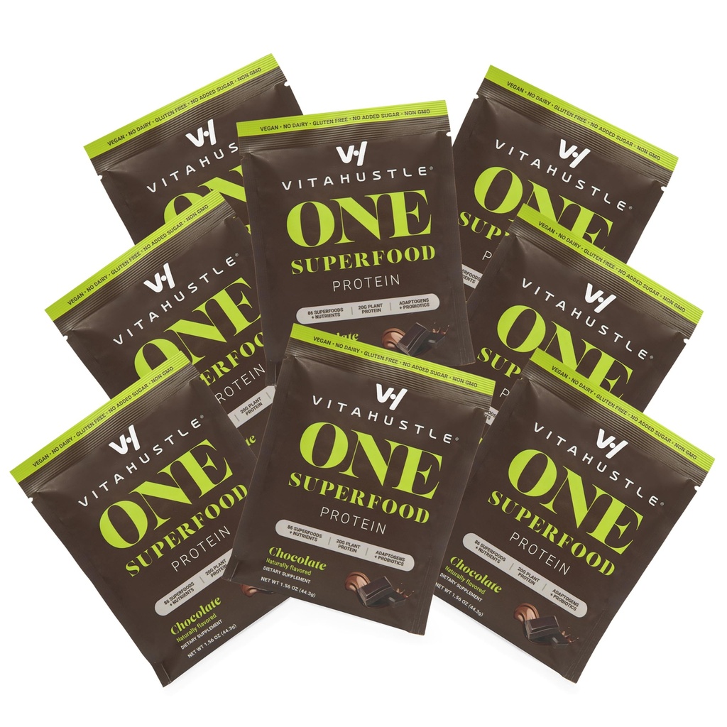 VitaHustle ONE Vegan Protein Powder Travel Packets, Chocolate, 10 Servings | Single-Serving Travel Packets, 20g Plant Protein, Meal Replacement Shake, 86 Superfoods & Greens, Convenient On-the-Go