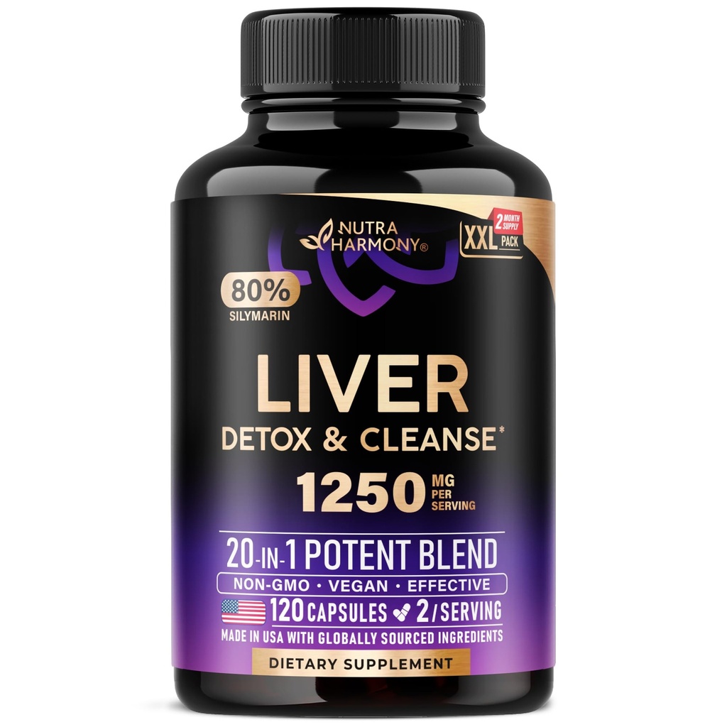 Liver Cleanse & Detox - Milk Thistle, Dandelion, Artichoke, TUDCA, 120 Caps | Liver Health & Bile Production Support 1250 mg - 20in1 | 80 % Silymarin | Supplement for Men & Women - Lab Tested, Vegan