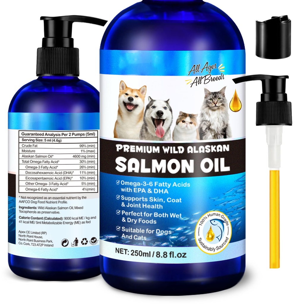 Salmon Oil for Dogs and Cats 8.8fl.oz, Omega 3 EPA DHA Joint&Immune Health, Salmon Oil for Dogs Skin and Coat Support(Cats), Wild Alaskan Salmon Oil for All Ages and All Breefs, for Dog and Cat.