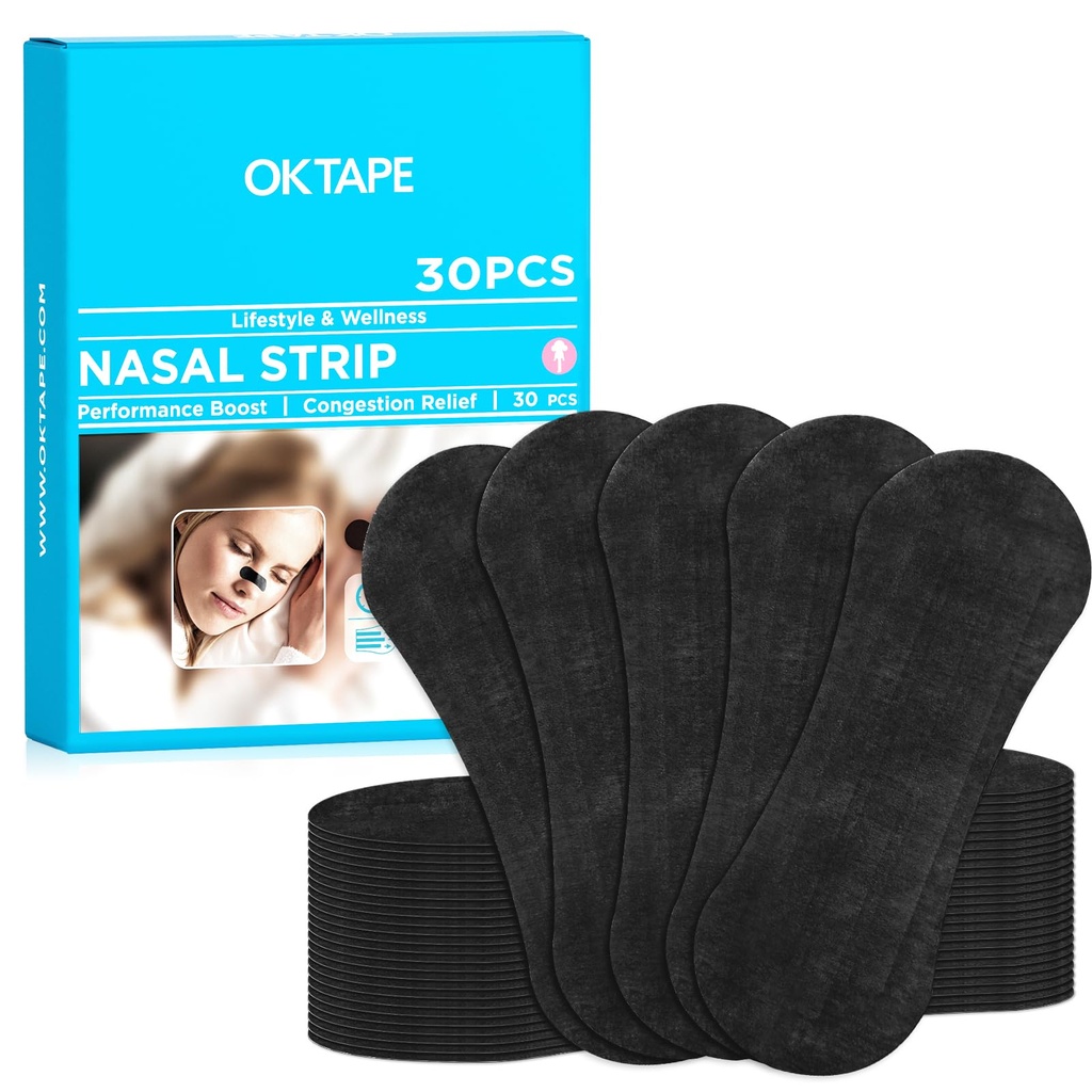 OK TAPE Nose Strips for Breathing and Snoring 30Pcs Black | Nasal Strips for Snoring and Running, Performance Boost Snoring Solution, Help Relief Nasal Congestion and Reduce Snoring