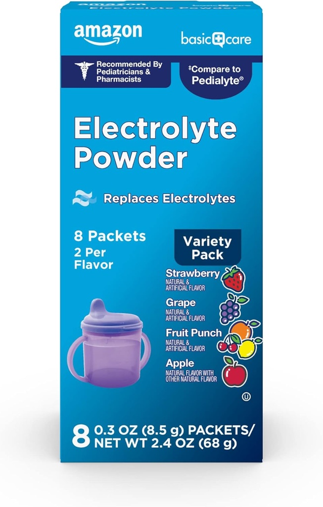Basic Care Elektrolītu pulveris Variety Pack, Ābols, Augļu Punch, Vīnogas, Zemene, 8 Skaits