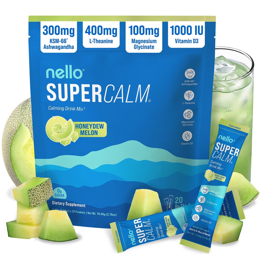 Nello Supercalm Powdered Drink Mix, Cortisol Reducer and Sleep Aid Supplement, L Theanine, Ksm-66 Ashwagandha, Magnesium Glycinate, Vitamin D 3, No Sugar, Non GMO, On The Go, 20 Ct, Honeydew Melon