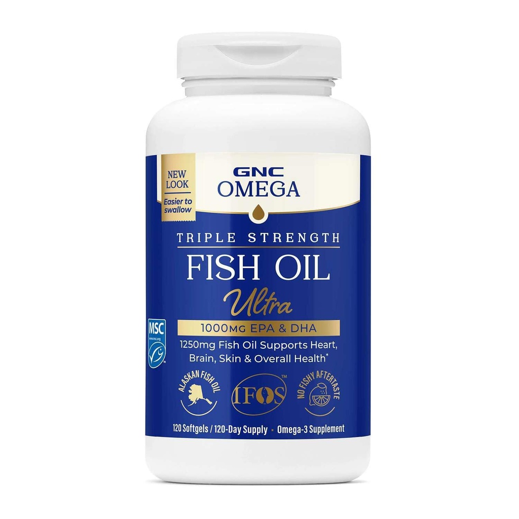 GNC Omega Triple Strength Fish Oil, Omega-3 Supplement, 120 Softgels | Delivers 1000mg EPA and DHA to Support Heart, Brain, Skin and Overall Health in an Easier to Swallow Softgel
