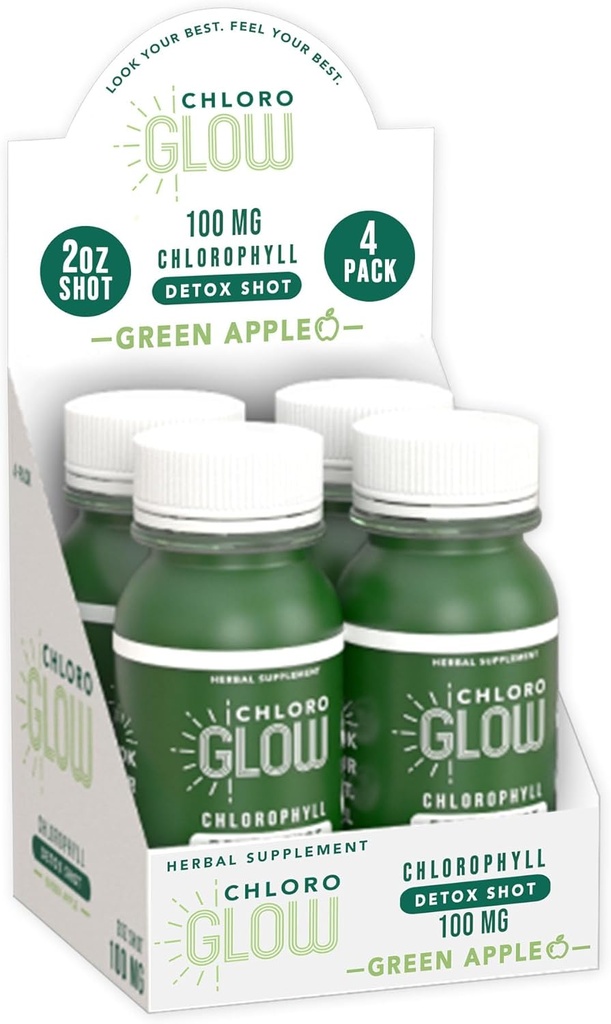 Hloroglovs (Chlorophyll Shots) – organisks augu bāzes zaļš ābolu dzēriens imūnās sistēmas atbalstam un ķermeņa tīrīšanai – dabīgs papildinājums (4 iepakojums)