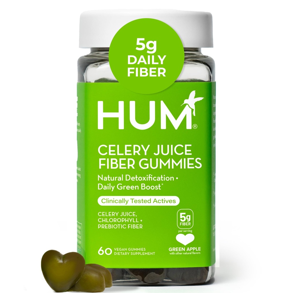 HUM Selerijas sulas Fiber Gummies pieaugušajiem, Pirmā prebiotiskā Selerijas sulas gumijas, lipekļa bez fiber Papildinājums Atbalsta Detoksikācijas, Gut Health, Greens Gumies, Chlorophyll & Prebiotic Fiber, 60 Count