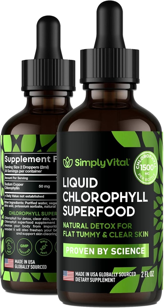 VienkāršiVital hlorofila šķidruma pilieni dzidrai ādai un enerģijai Boost - Imūnās atbalsta papildinājums - ražots ASV - Liquid Chlorofill priekš Gut Health - Iekšējais dezodorants - Antioksidants- 2 FL OZ