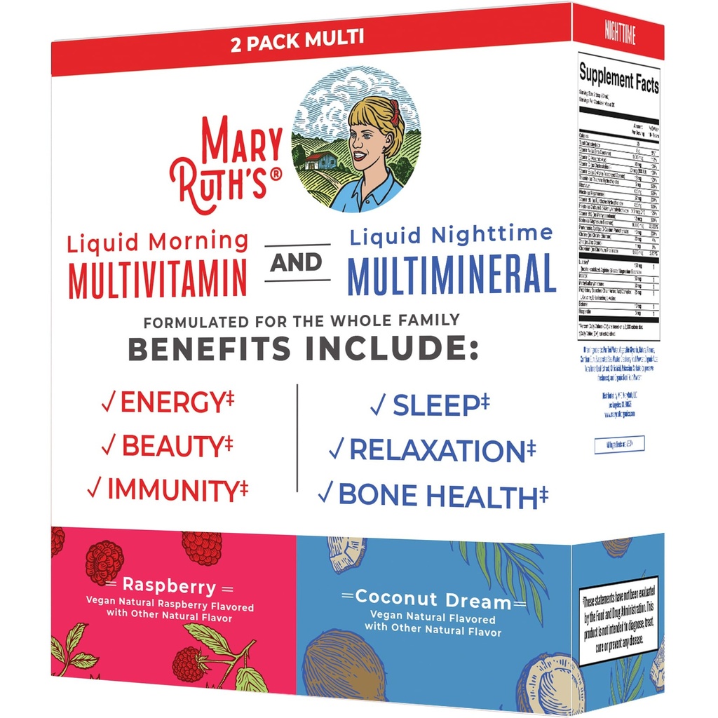 MaryRuth Organics Šķidrais rīts Multivitamīns un Šķidrais nakts Multiminerālais Bandle, Vegan C vitamīns, D vitamīns, B komplekss, magnijs, enerģija, skaistums, miega atbalsts, NO Melatonīns, 32 Fl Oz Katrs