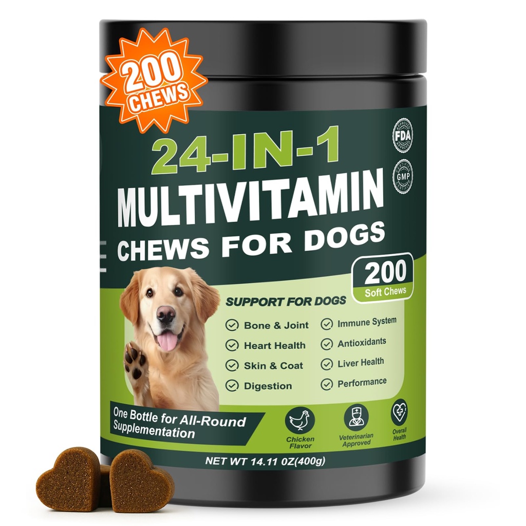 24-in-1 Dog Vitamins and Supplements 200 Ct Daily Multivitamin for Dogs | Hip & Joint, Skin, Digestion, Immune, Heart, Brain, Eye Health Support with Glucosamine, Probiotics, Omega 3 - Chicken