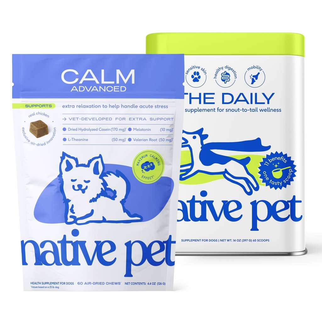 Native Pet Advanced Calming Chews for Dogs & The Daily Dog Vitamins & Supplements - 11-in-1 Multivitamin Powder - Supports Whole Body Health, Mobility, Immunity & Anxiety Related Behavior - 60 Count