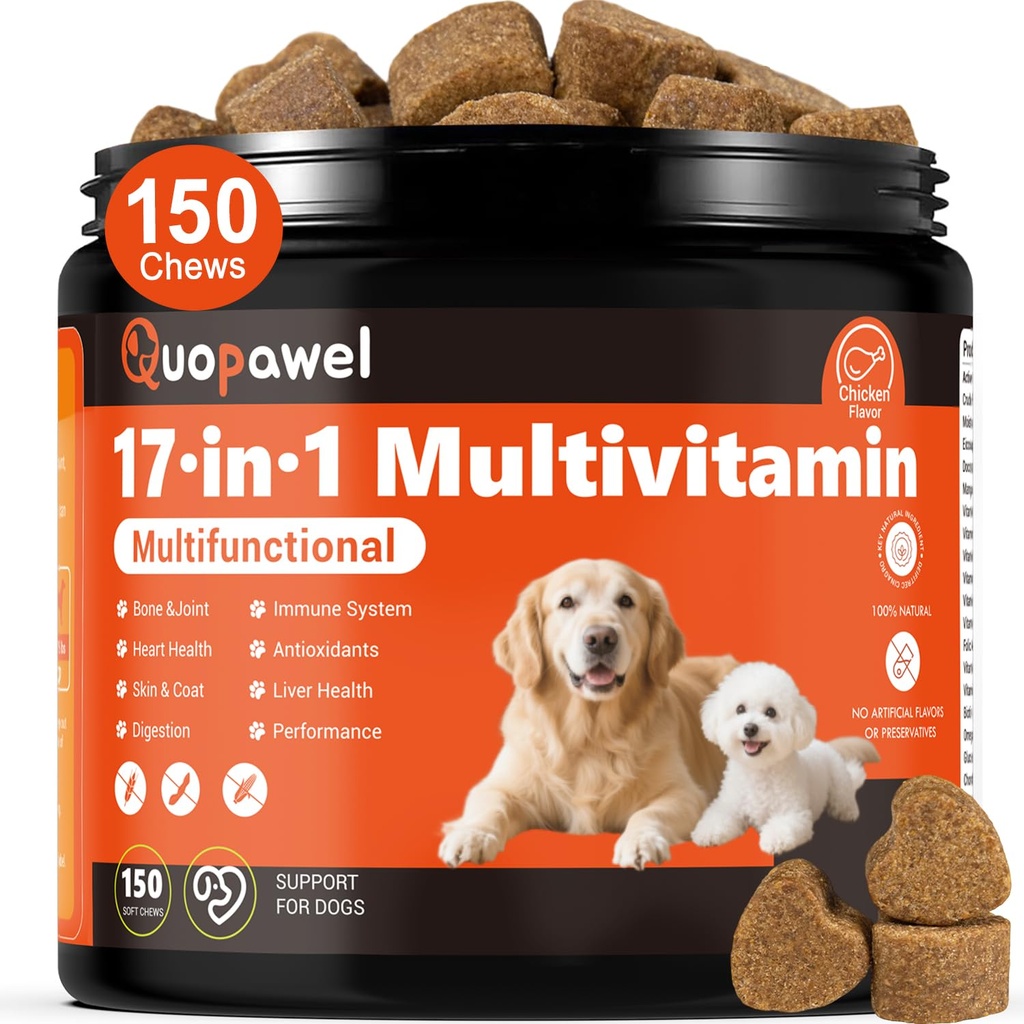 17 in 1 Dog Vitamins and Supplements，Dog multivitamin，Dog probiotics- VE, VC, and 6 B Vitamins, Immune & Joint Support for Dogs, All Breeds & Ages, Chicken Flavor, 150 Ct