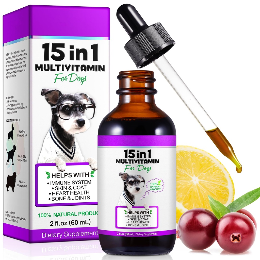 Dog Multivitamin Liquid Drops - 15 in 1 with Glucosamine, MSM & Cranberry, Supports Joint, Skin & Coat, Immune, Heart & Urinary Health, 2 fl oz