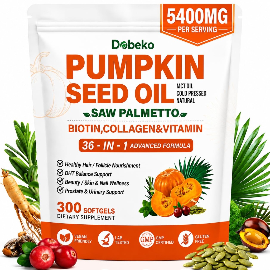 Cold Pressed Pumpkin Seed Oil with Saw Palmetto Capsules for Women & Men | 36-in-1 Hair Growth Supplement, DHT Blocker, 25,000 mcg Biotin, Collagen, MCT Oil, 5400mg per serving | 300 Softgels