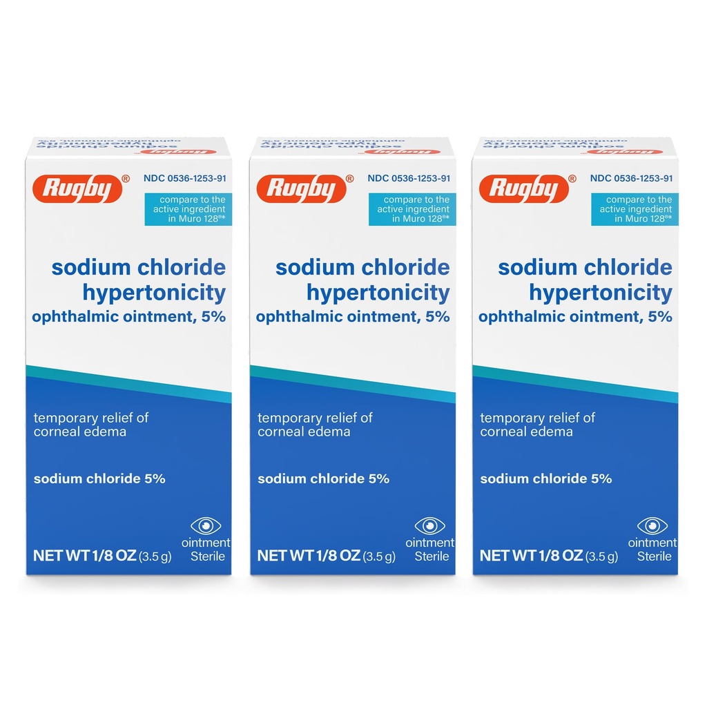 Rugby Sodium Chloride Hypertonicity Ophthalmic Ointment 5% - 50 mg Sodium Chloride Eye Ointment for Temporary Corneal Edema Relief - Made With Lanolin and Mineral Oil - Alcohol-Free - 0.125 Oz(3 Pack)