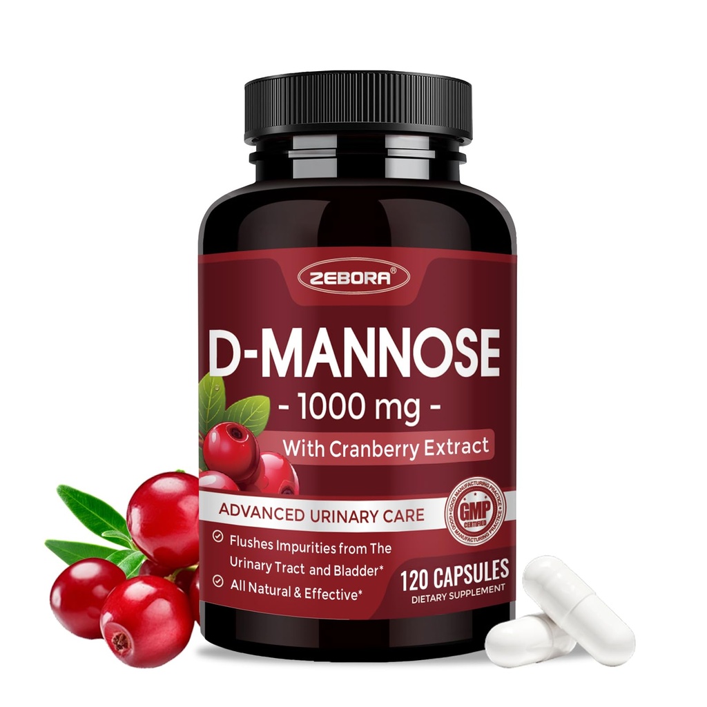 ZEBORA D-Mannose 1000mg Capsules with Cranberry Supplement,120 Veg Capsules | 1000mg D-Mannose with 220mg Cranberry Supplements for Women,Supports Urinary & Bladder Health,Non-GMO & Gluten Free