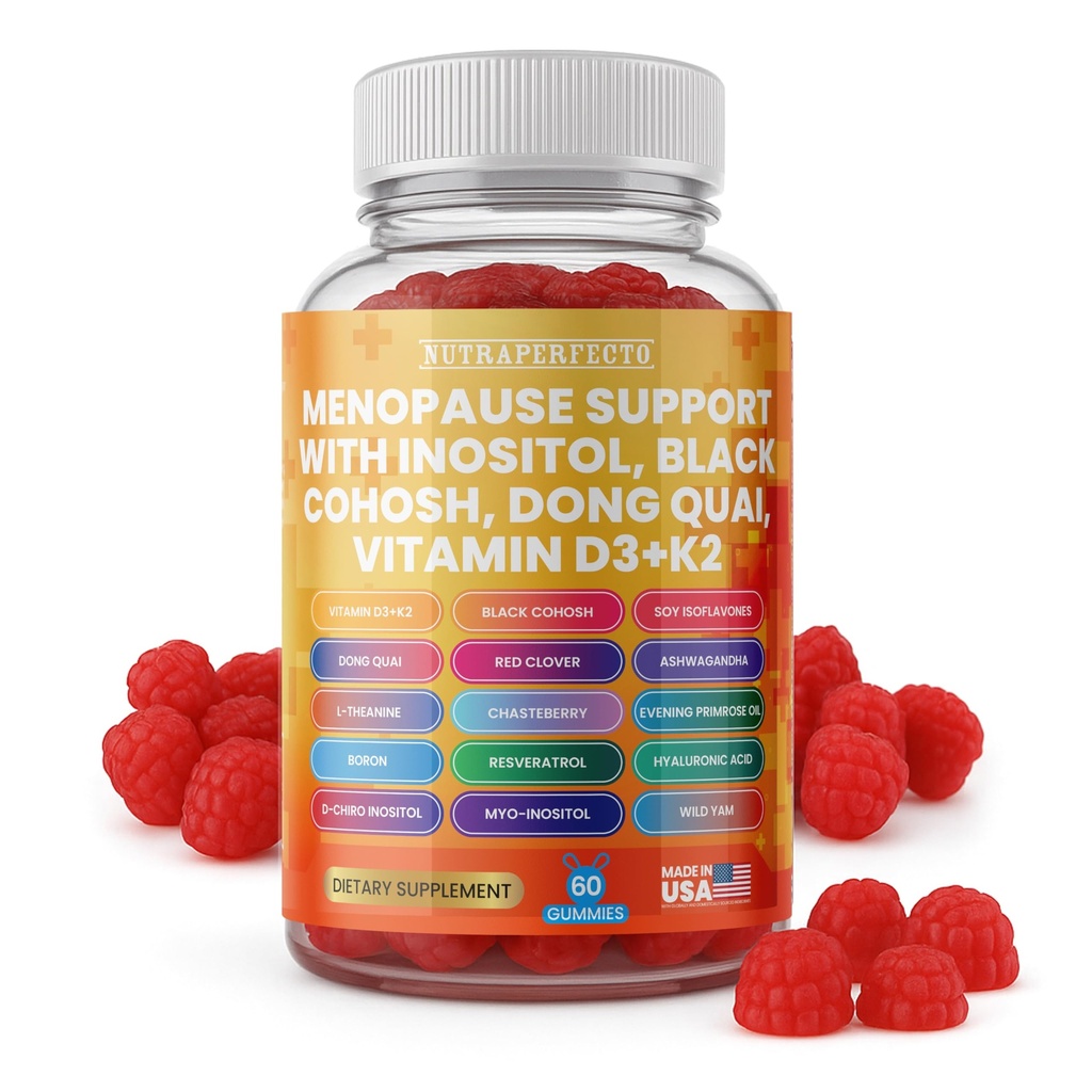 Sugar Free Menopause Support Gummies for Women D-Chiro Myo Inositol Black Cohosh Dong Quai Vitamin D3 K2 - Hormone Balance, PMS, Hot Flash & Night Sweat Relief Perimenopause Water Retention Debloating