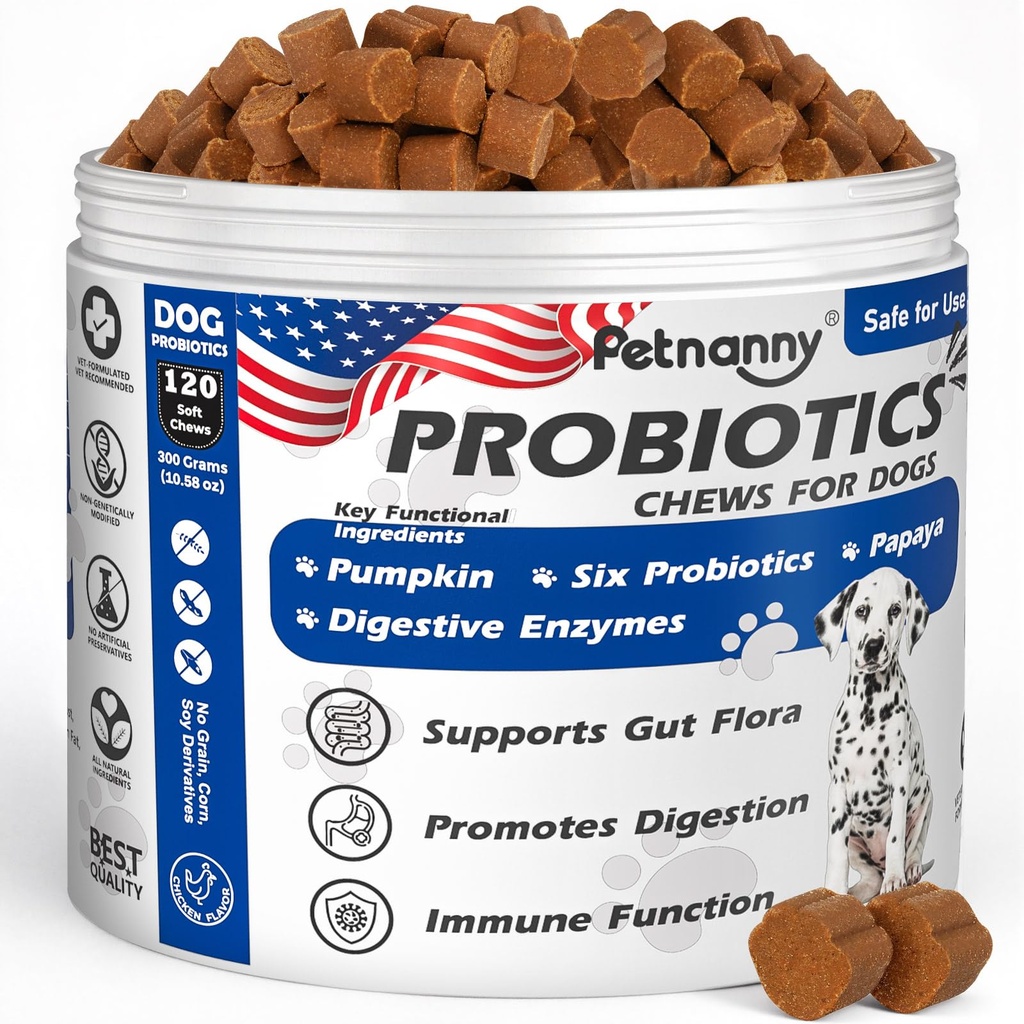 Petnanny Probiotics for Dogs Chicken Flavor Soft Chews for Digestive Health | Natural pumpkin, papaya & 5 probiotics. Supports gut flora, firm stool & immunity. 120 tasty chicken chews. No wheat or corn