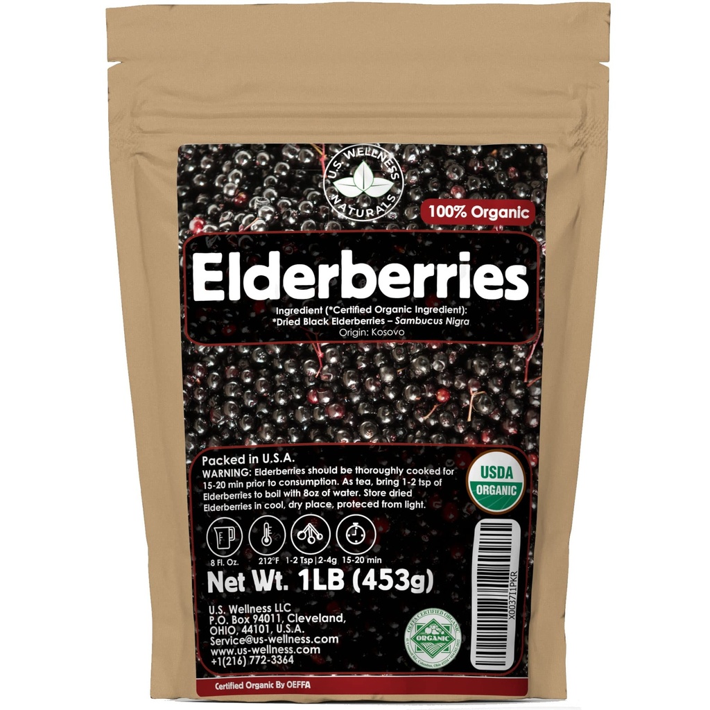 U.S. Wellness Naturals Elderberries – 1lb (Real Wild Harvest) | 100% USDA Certified Organic | Bulk Black Dried Elderberry | for Making Elder Syrup, Gummies, Tea - Raw Vegan Sambucus Nigra