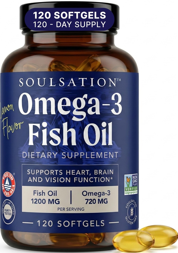 SOULSATION Fish Oil Softgels, Natural Lemon Flavor - 1200mg - Omega-3 Fatty Acids (EPA & DHA) Supports Heart, Brain, and Vision Function, Non-GMO, Gluten-Free - 120 Softgels for A 120-Day Supply