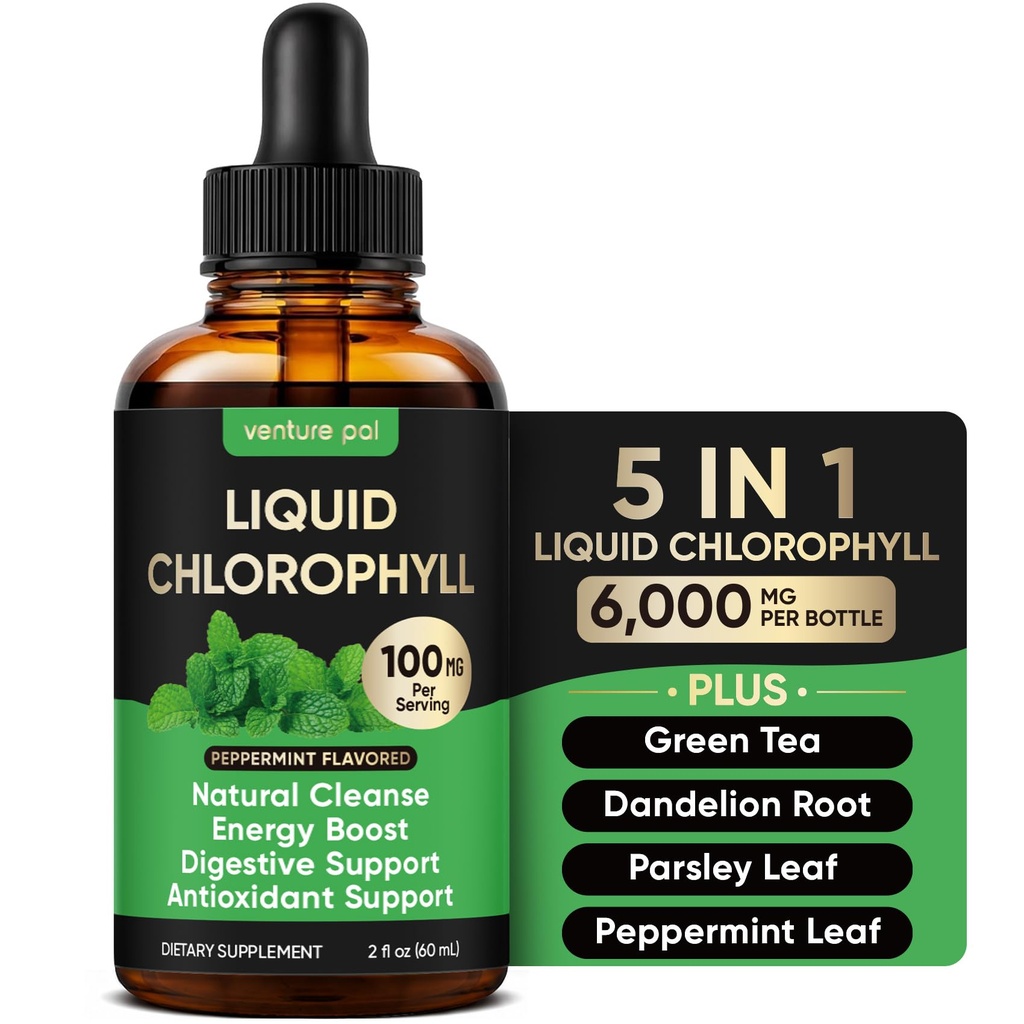 Venture Pal 5-in-1 Liquid Chlorophyll Drops, 100mg Chlorophyllin with Fresh Mint Botanical Complex, Everyday Green Support, Vegan, 60 Servings