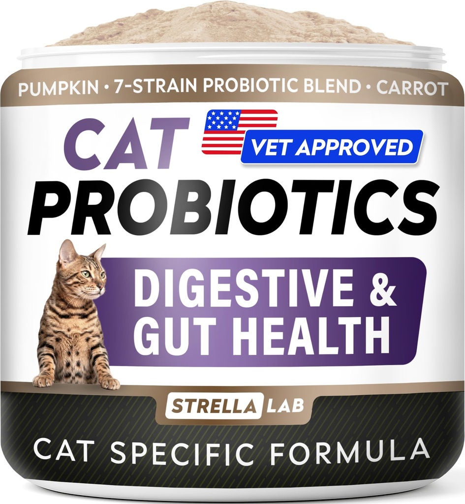 STRELLALAB Cat Probiotics Powder, 108 Scoops – Daily Probiotic for Cats | Immunity, Digestive & Gut Health Support, Diarrhea Relief – Feline Supplement with 3 Billion CFU, Prebiotics Fiber, Pumpkin