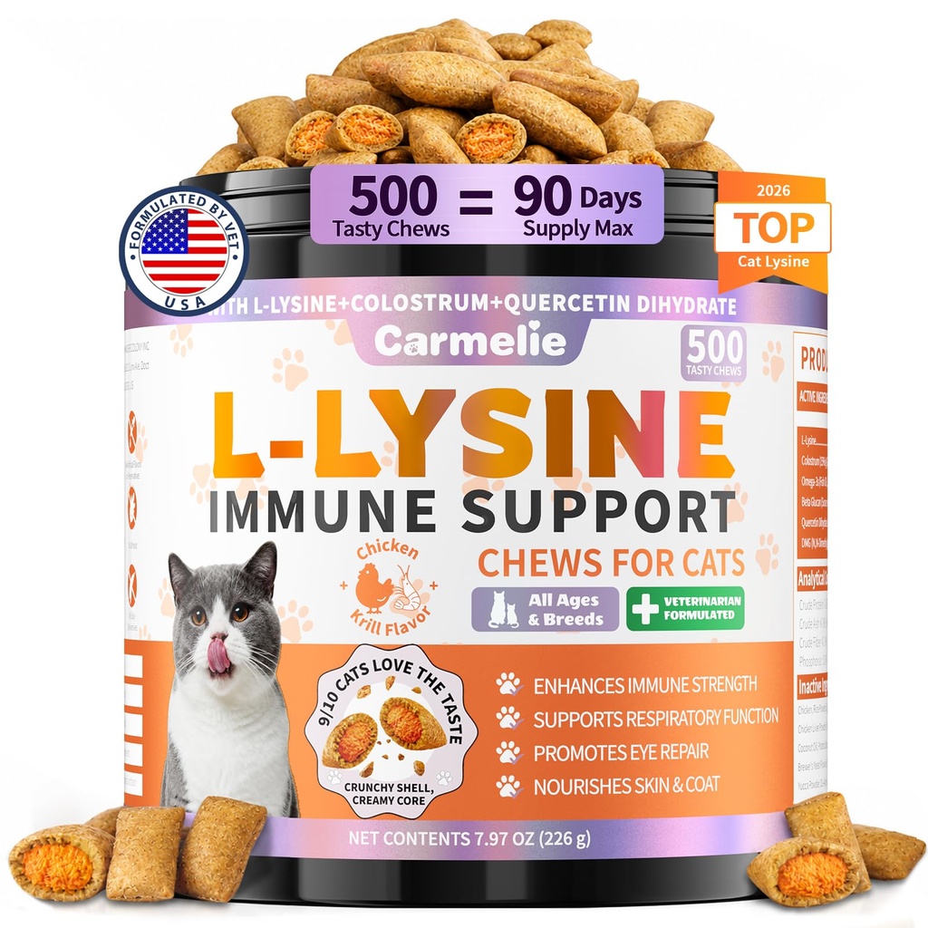 Lysine for Cats Treats for Immune Support with Colostrum, Omega-3, 500ct | L-Lysine Supplement for Cats Watery Eyes, Sneezing, Runny Nose & Upper Respiratory Support, All Breeds & Ages, Chicken Krill