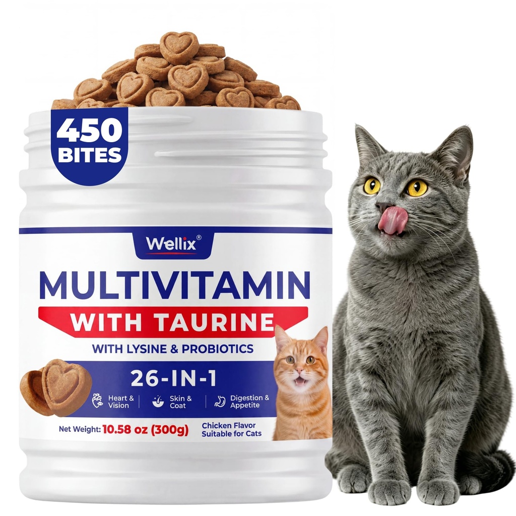 Wellix 26 in 1 Taurine for Cats Multivitamin Supplement 450 Bites | Cat Vitamins with L-Lysine, Omega 3 & Taurine, Supports Immune, Joint, Skin & Heart Health for all Cats