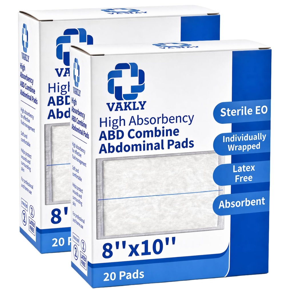 Vakly Sterile Abdominal ABD Combine Pads 8x10, High Absorbency Gauze, 40 Pk | Non-adherent, wound dressing, first aid pads, surgical pads, post op care, trauma pads, individually wrapped, heavy drainage