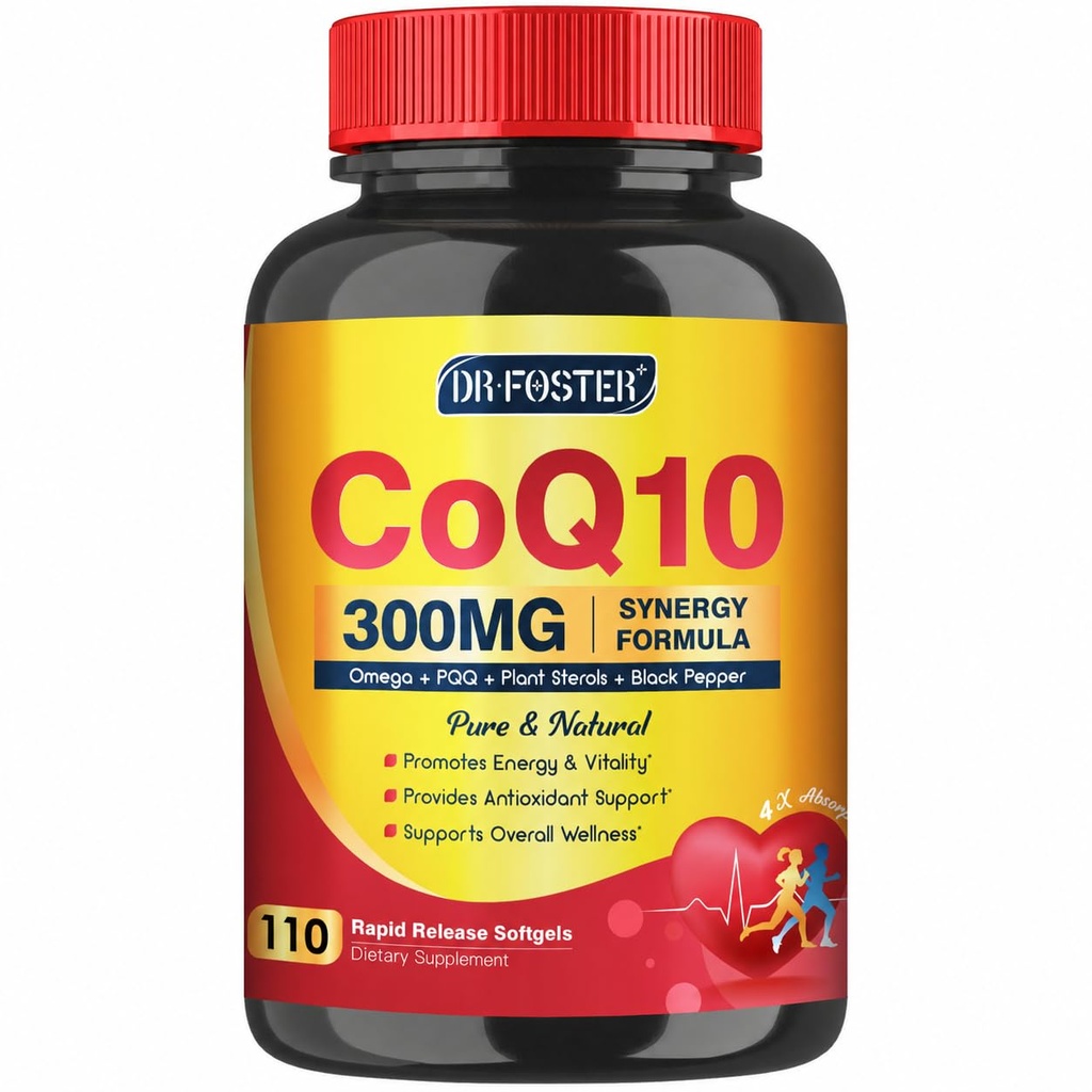 DRFOSTER CoQ10 300mg Softgels, Omega 3-6-9 & PQQ & MCTs, 110 Counts | Co q 10 Supplement, Heart and Brain Support, Cellular ATP Energy Production, Powerful-Antioxidant, Coenzyme Q10 Supplement