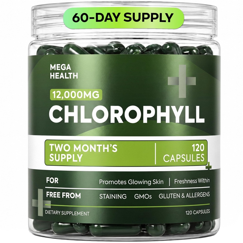 MEGA HEALTH Chlorophyll Capsules 12,000mg – 120 Vegan Chlorophyll Pills for Women & Men | Supports Glowing Skin, Natural Freshness Within & Digestion | Non-GMO, 2 Month Supply