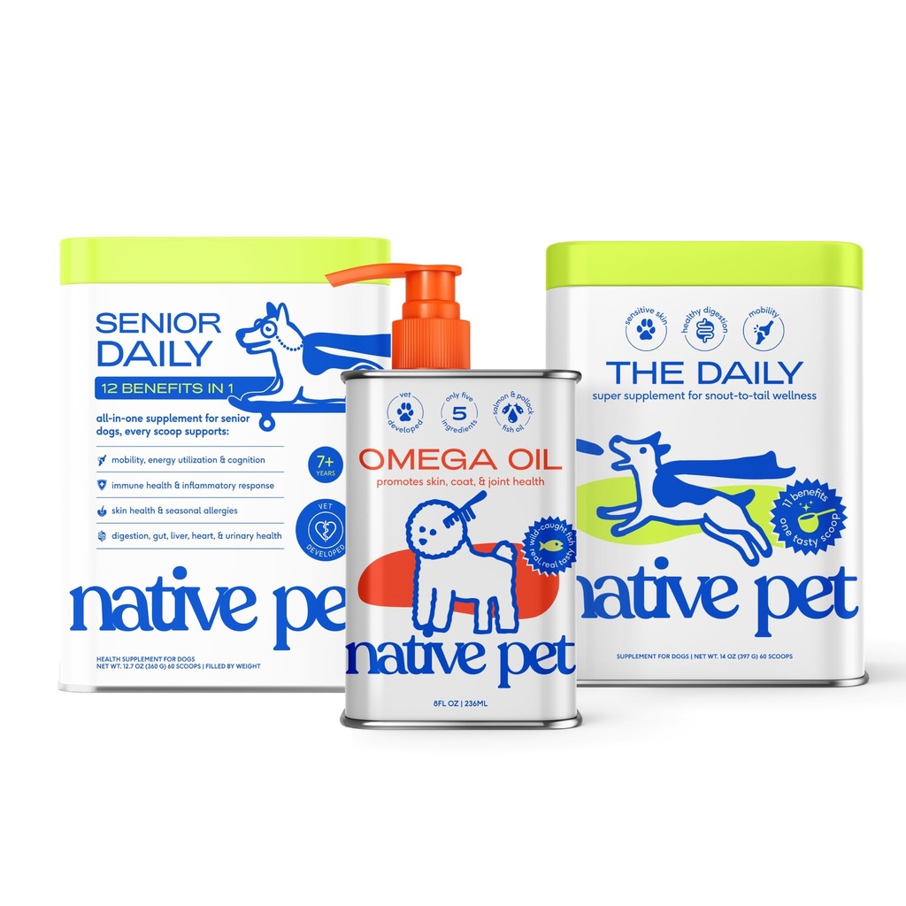 Native Pet Daily Wellness Bundle - Dog Vitamins and Supplements & Omega 3 Fish Oil Wild Alaskan Salmon Fish Oil for Dogs - Supports Joints, Gut, Skin, Coat & Heart Health - All Ages & Seniors