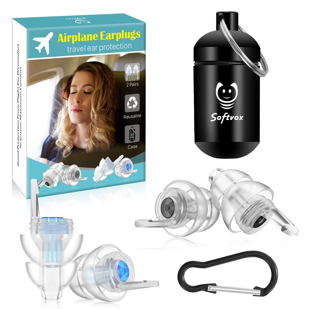 Airplane Ear Plugs Pressure Relief Earplugs 2 Pairs, Reusable | Prevent Ear Pain Travel Essentials, Comfort Silicone Earbuds, Adult Teen Small Ears, Flight Ear Protection Air Filtered Plugs