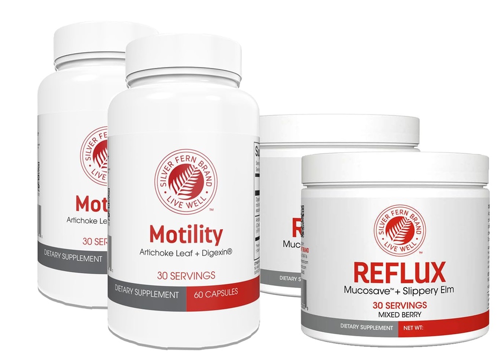 Silver Fern Brand Slow Motility+Kit Digestive Support Bundle 30-Day Supply | 2 Motility, 2 Berry Flavor Powder Reflux – Capsules, Powder – Artichoke Leaf, Okra, Ashwagandha, MucoSave – Made in USA