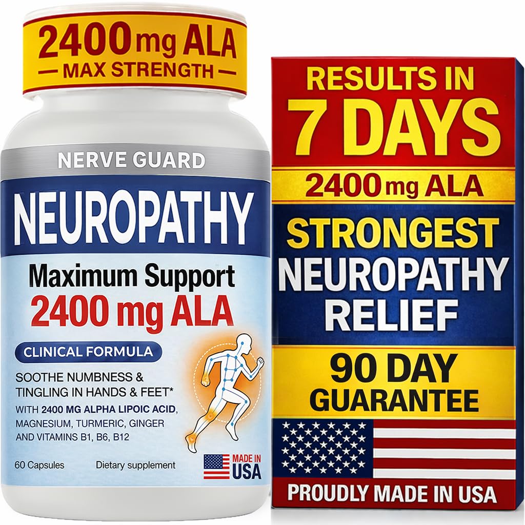 Neuropathy Supplement with 2400 mg Alpha Lipoic Acid – Maximum Strength Nerve Support for Feet Hands Legs Toes – 2400mg ALA, Vitamins B12 B6 & B1, Magnesium, Turmeric – 60 Capsules