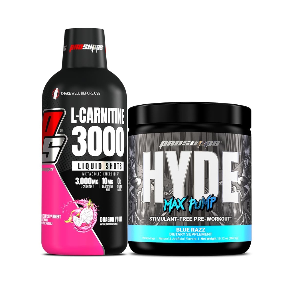PROSUPPS L-karnitīns 3000 stimulants bezmaksas šķidruma šāvieni (31 Kalpo, Dragon Fruit) un Hyde Max sūknis Pre Workout vīriešiem un sievietēm (20 Kalpo, Blue Razz) Bandle
