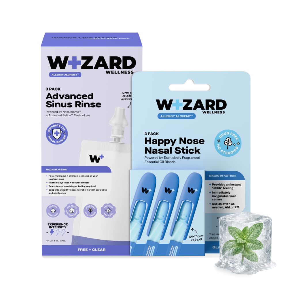 WIZARD WELLNESS Happy Nose Inhaler Stick + Sinus Rinse Bundle | Drug-Free Allergy & Congestion Relief | Travel Kit | Instant Menthol Vapor + Deep Nasal Flush | Mess-Free | Pocket-Ready | 3-Pack