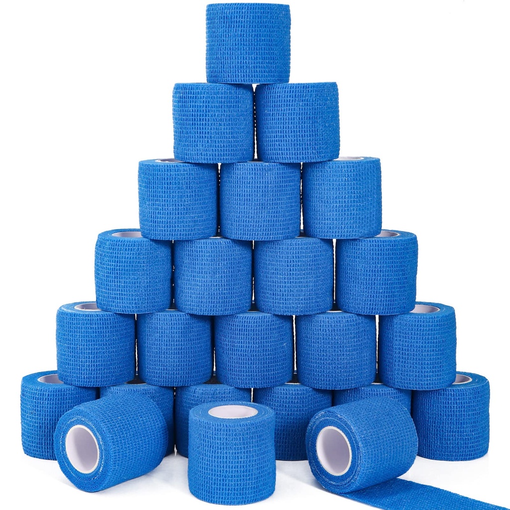 24 Pack Self Adhesive Cohesive Bandage Wrap, 2” x 5 Yards Blue Athletic Tape Pre Wrap Elastic Medical Tape Non Woven Bandage Rolls Vet Wrap for First Aid Medical, Sports, Knee, Ankle, Wrist Sprains