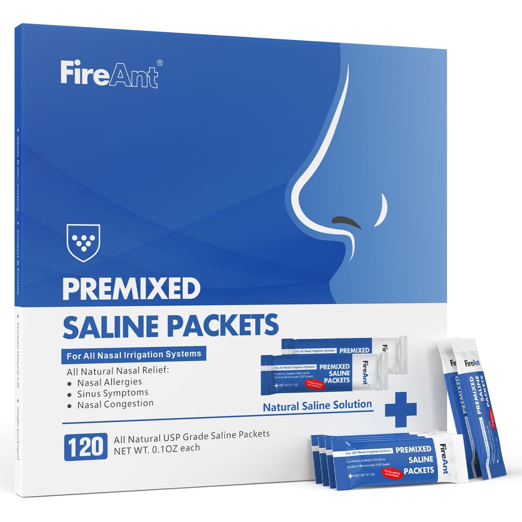 FireAnt 120 Saline Packets Sinus Rinse, 120 Premixed Neti Pot Salt Packets for Nasal Rinse, All Natural, Pharmaceutical Grade, and PH Balanced - 120 Count